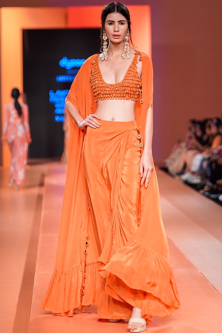 Orange Crepe Silk Cape Set by Arpita Mehta at Pernia's Pop Up Shop