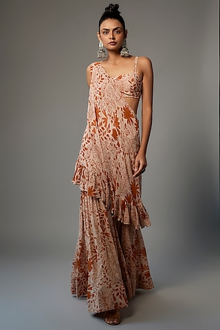 Sand & Toasted Orange Georgette Printed Gharara Set by Arpita Mehta