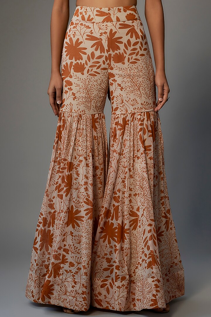 Sand & Toasted Orange Georgette Printed Gharara Set by Arpita Mehta at Pernia's Pop Up Shop