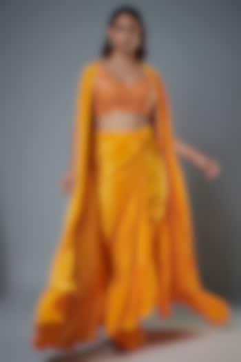 Mango Yellow Crepe Silk Cape Set by Arpita Mehta at Pernia's Pop Up Shop
