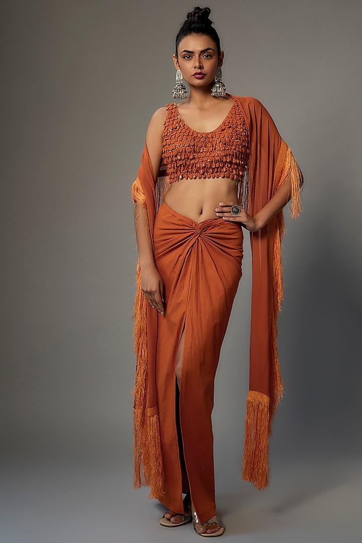 Toasted Orange Crepe Silk Skirt Set by Arpita Mehta