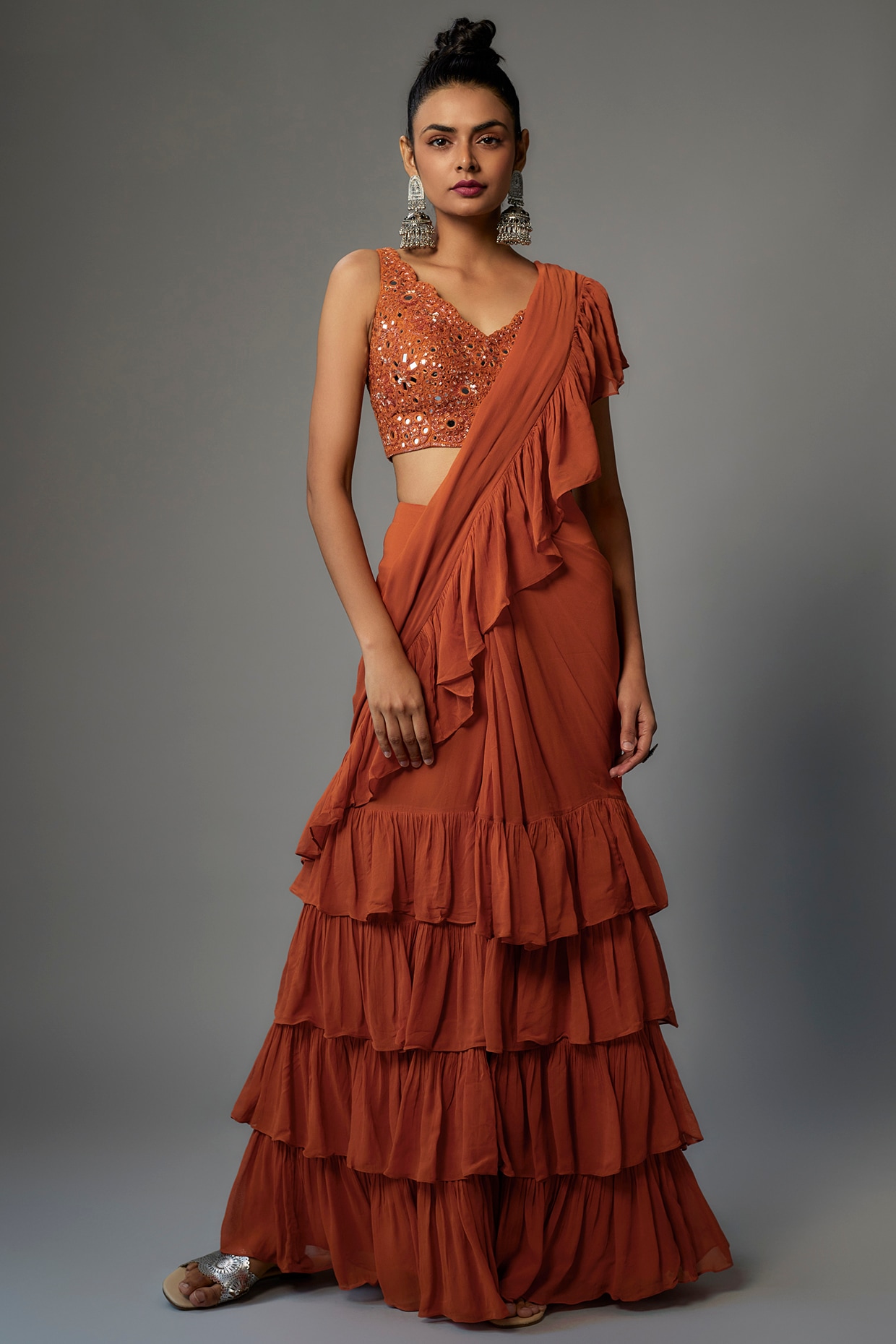 Scarlet Orange Bralette & Pista Green Ruffle Saree – Pasha India