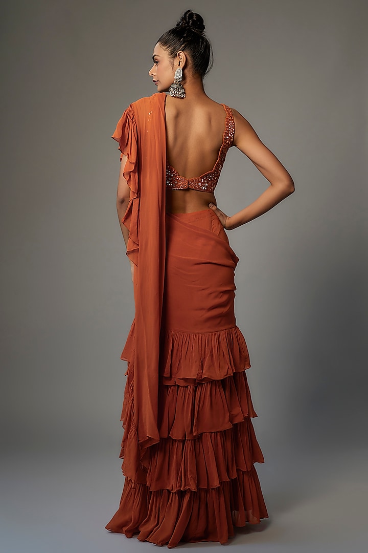 Toasted Orange Georgette Ruffle Reception Saree Set by Arpita Mehta at Pernia's Pop Up Shop
