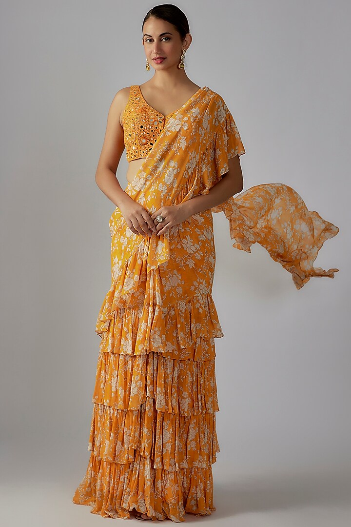 Mango Yellow Georgette Printed Ruffled Saree Set by Arpita Mehta at Pernia's Pop Up Shop