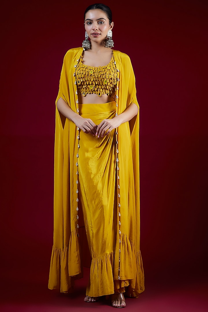 Mustard Crepe Silk Mirror Cape Set by Arpita Mehta at Pernia's Pop Up Shop