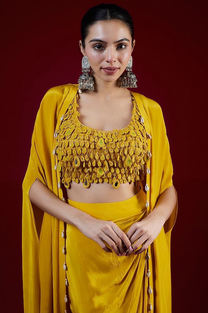 Mustard Crepe Silk Mirror Cape Set by Arpita Mehta at Pernia's Pop Up Shop