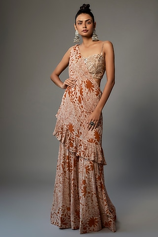 Sand & Burnt Orange Georgette Printed Gharara Set by Arpita Mehta