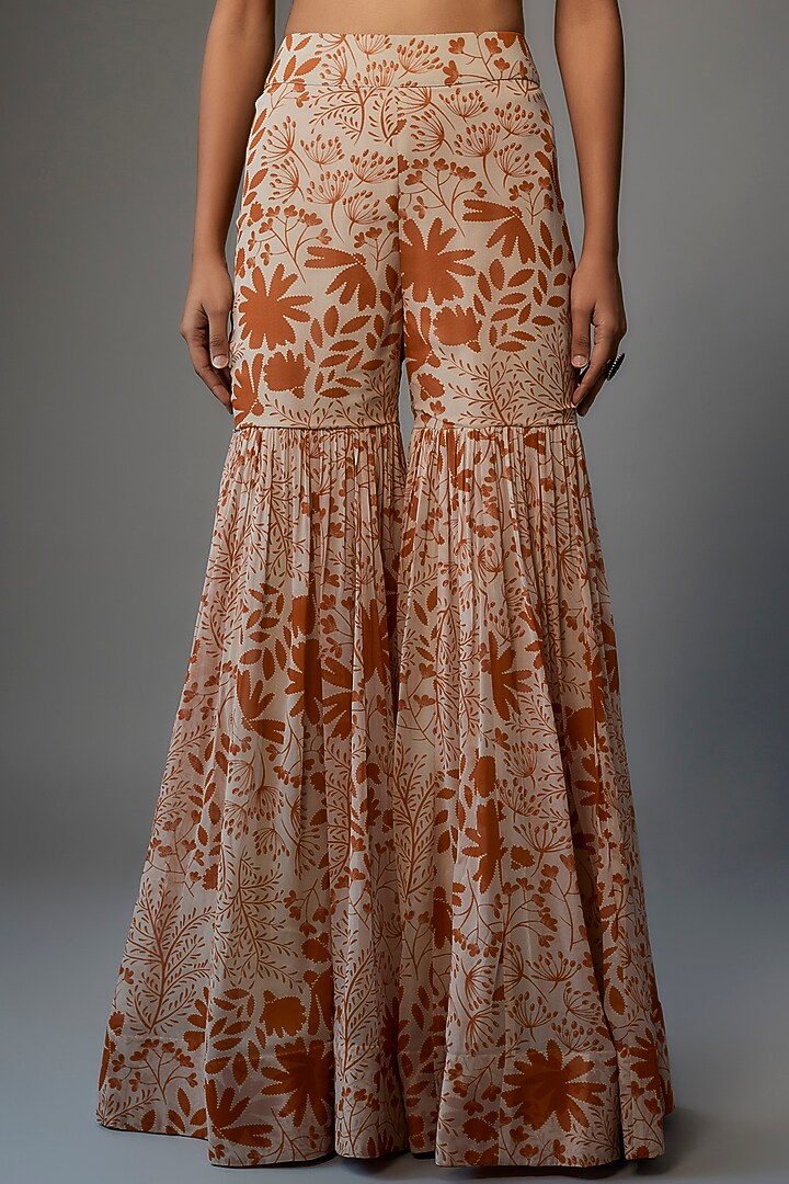 Sand & Burnt Orange Georgette Printed Gharara Set by Arpita Mehta at Pernia's Pop Up Shop