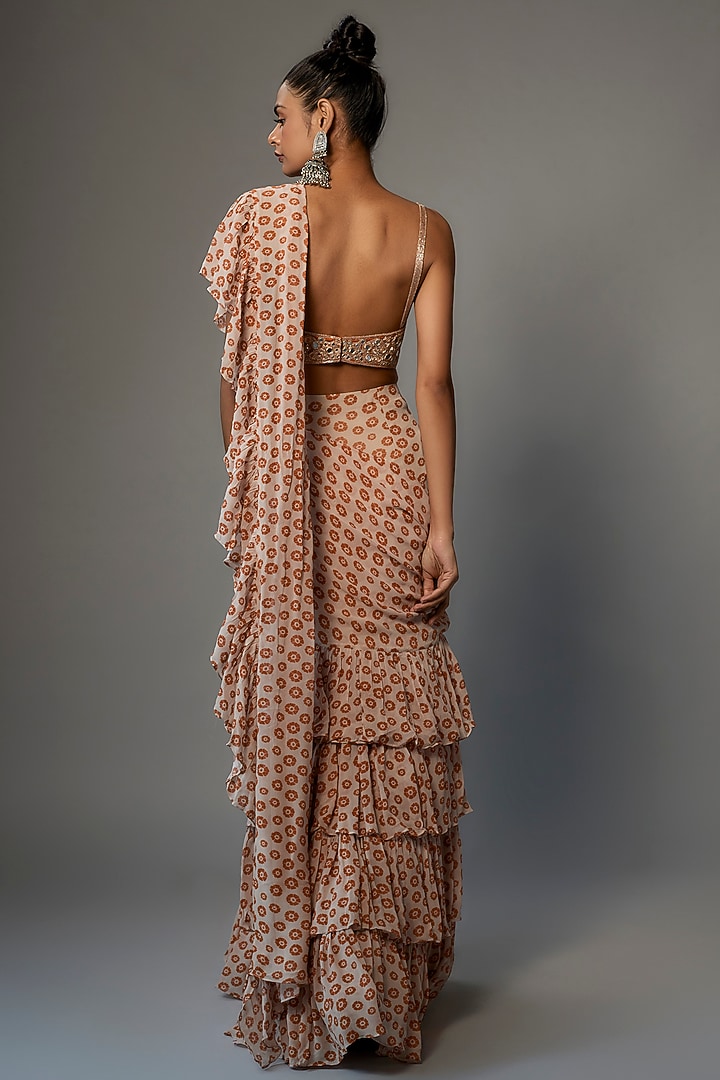 Sand & Toasted Orange Georgette Ruffle Reception Saree Set by Arpita Mehta at Pernia's Pop Up Shop