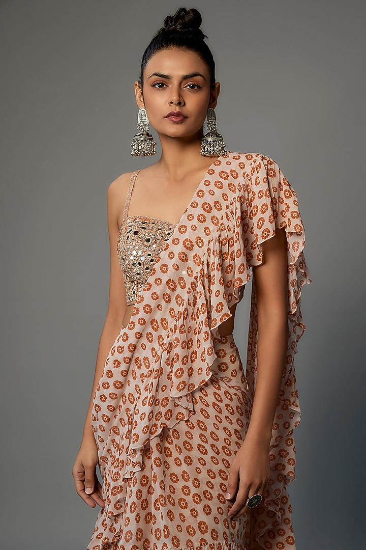Sand & Toasted Orange Georgette Ruffle Reception Saree Set by Arpita Mehta at Pernia's Pop Up Shop