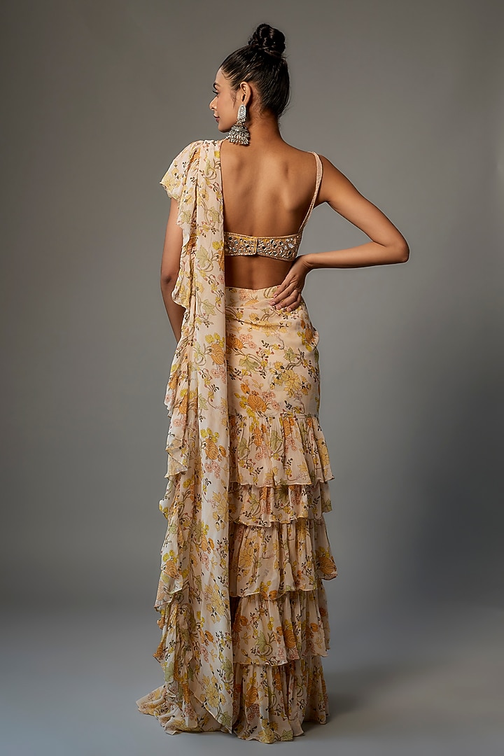 Coconut & Yellow Georgette Printed Ruffle Wedding Saree Set by Arpita Mehta at Pernia's Pop Up Shop