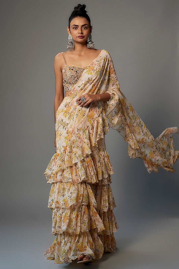 Coconut & Yellow Georgette Printed Ruffle Wedding Saree Set by Arpita Mehta at Pernia's Pop Up Shop