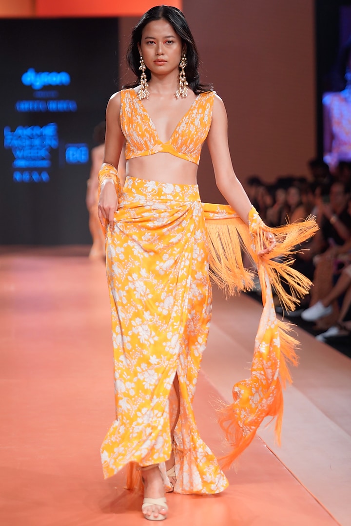 Orange & White Crepe Silk Printed Skirt Set by Arpita Mehta at Pernia's Pop Up Shop
