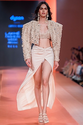 Beige Net Embroidered Jacket Set by Arpita Mehta