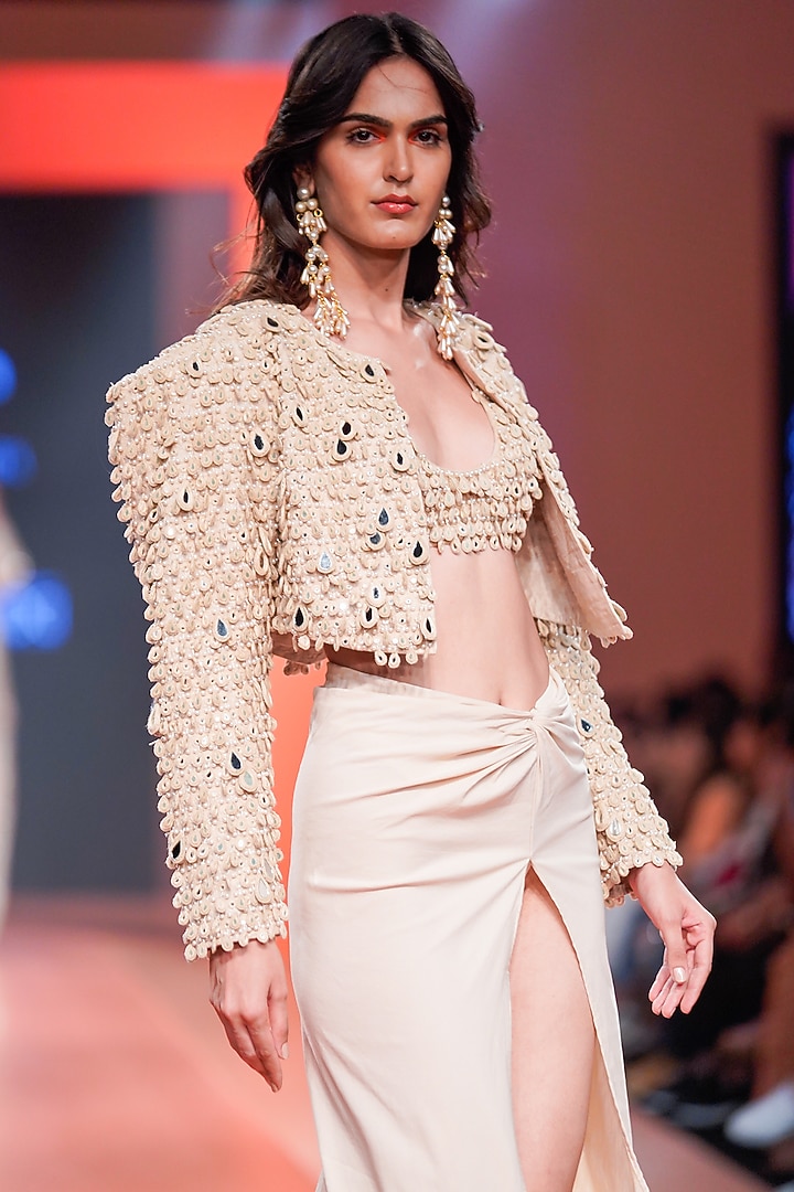 Beige Net Embroidered Jacket Set by Arpita Mehta at Pernia's Pop Up Shop