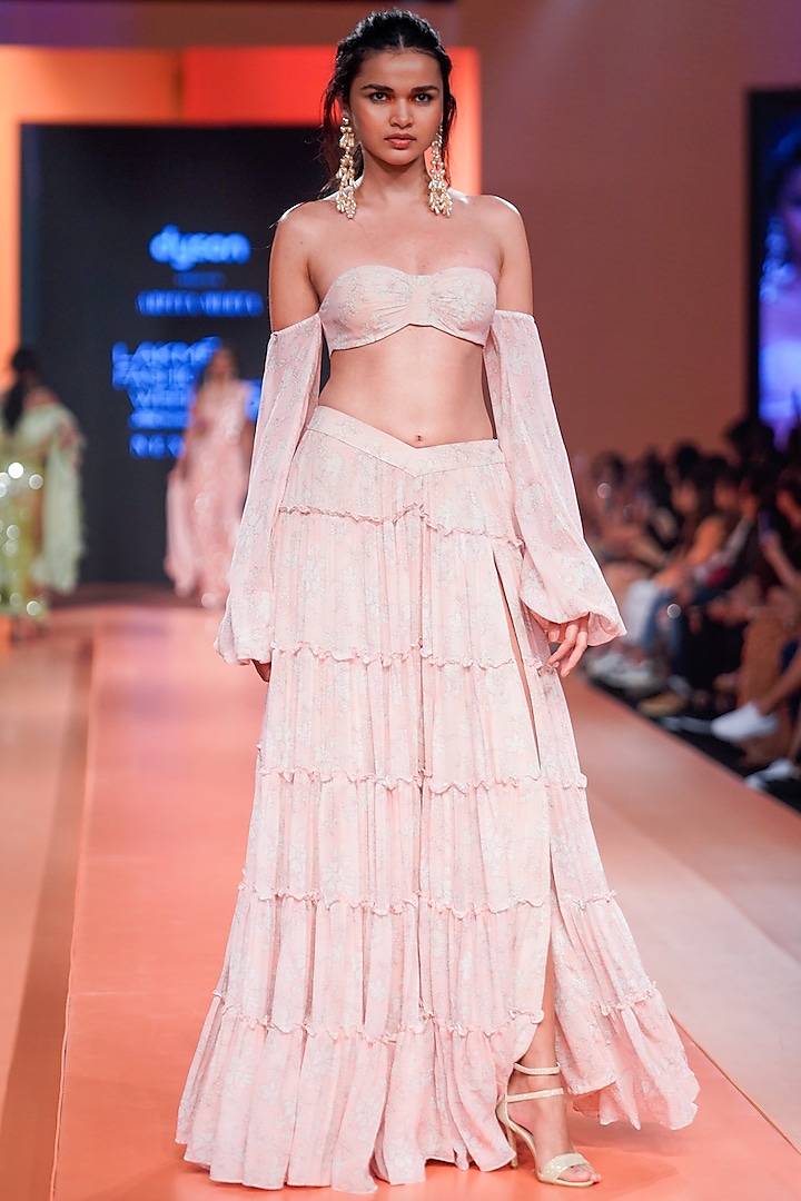 Dusty Pink & Sand Georgette Printed Skirt Set by Arpita Mehta at Pernia's Pop Up Shop