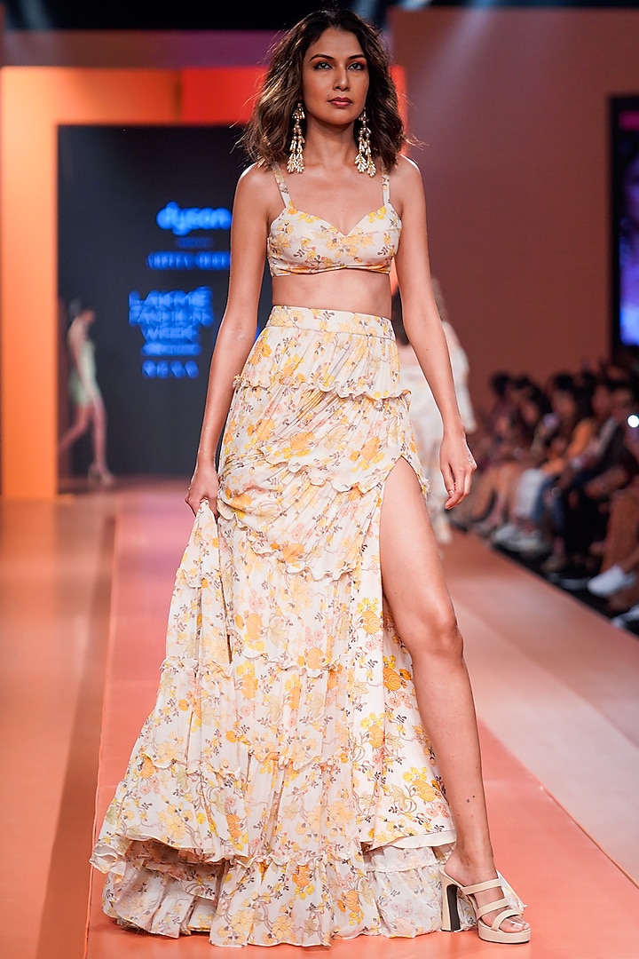 White & Yellow Georgette Floral Printed Skirt Set by Arpita Mehta at Pernia's Pop Up Shop