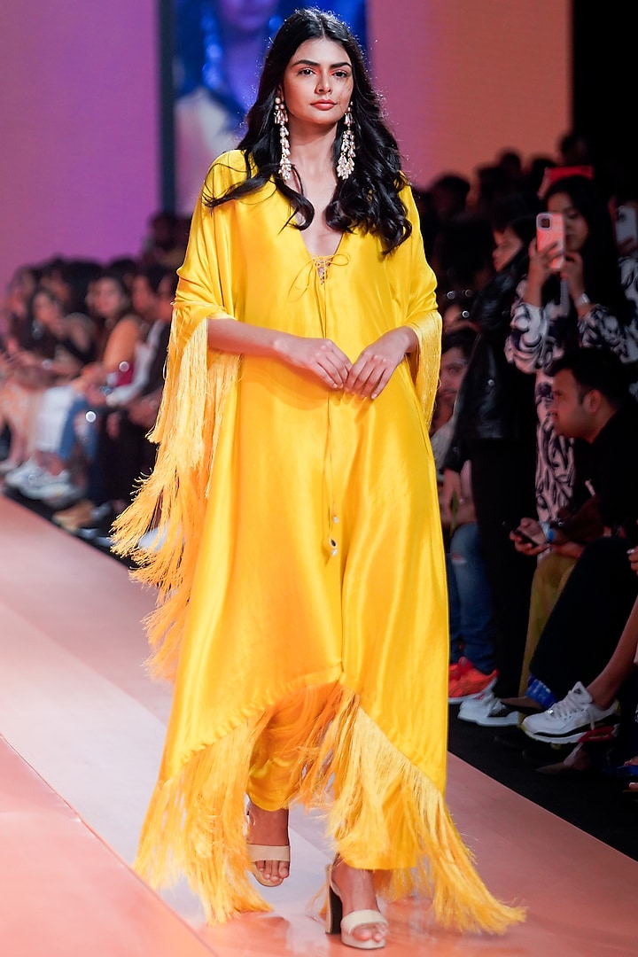 Yellow Dupion Silk Kaftan Set by Arpita Mehta