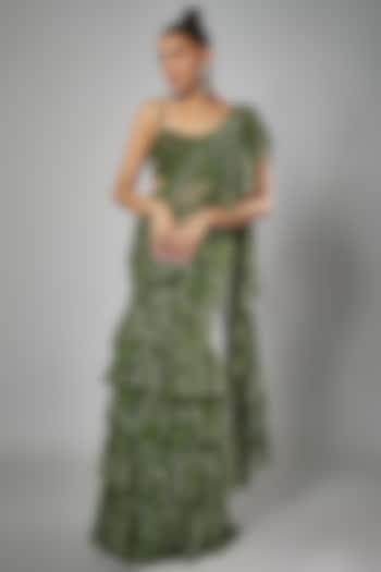 Green Georgette Printed Ruffled Saree Set by Arpita Mehta