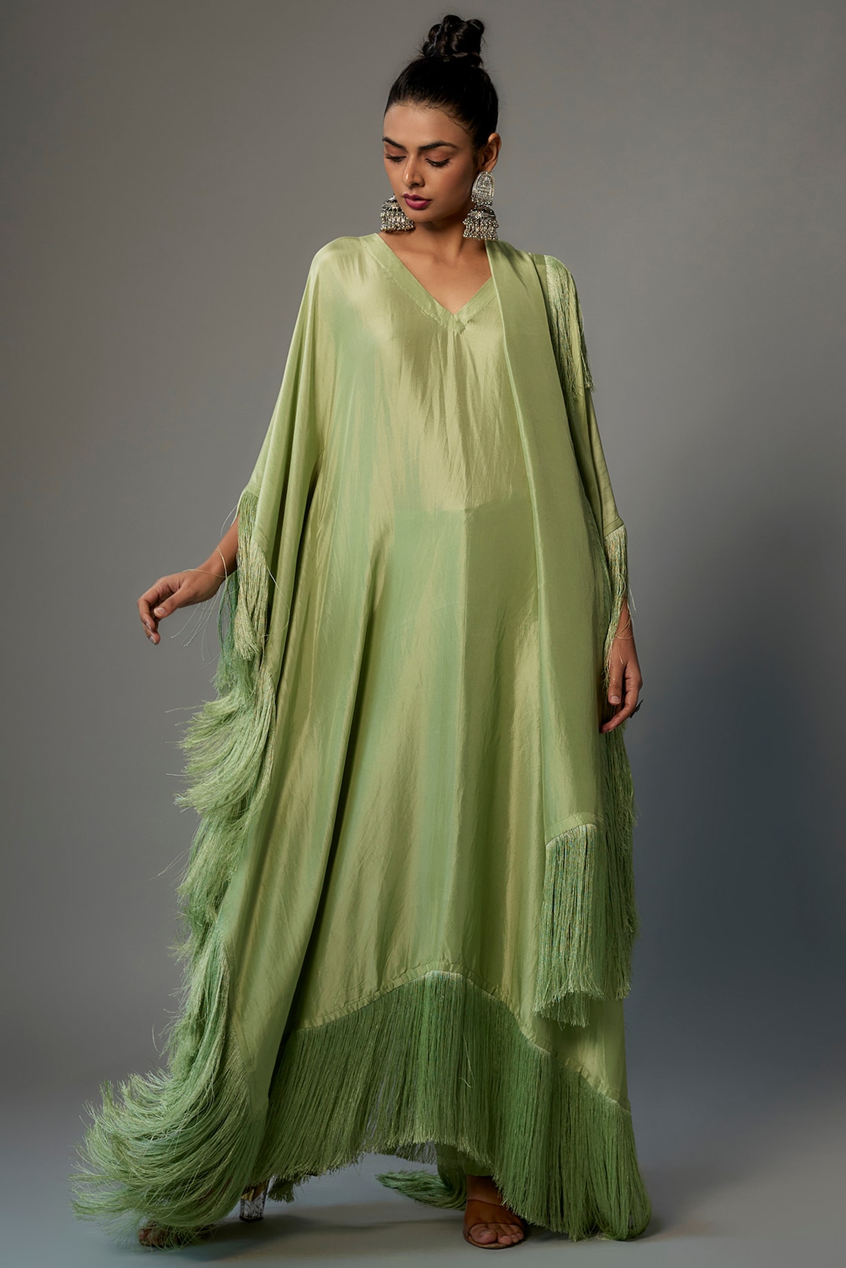 Sage Green Dupion Silk Kaftan Set Design by Arpita Mehta at Pernia's Pop Up  Shop 2024