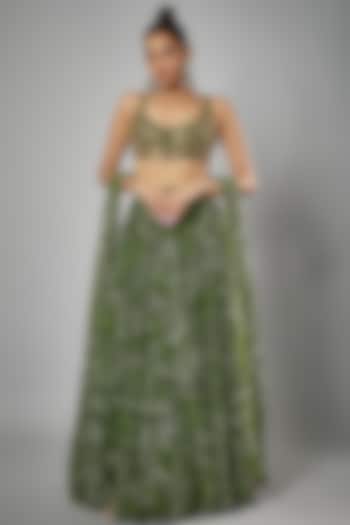 Green Organza & Silk Printed Tiered Skirt Set by Arpita Mehta