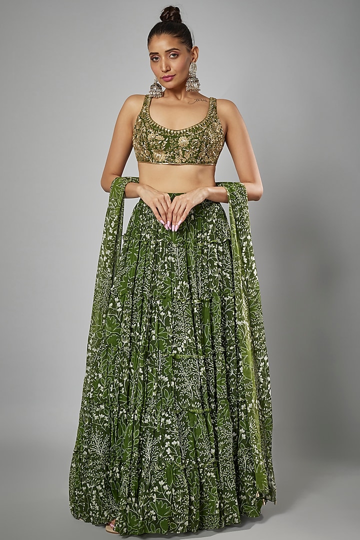Green Organza & Silk Printed Tiered Skirt Set by Arpita Mehta