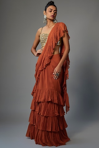 Toasted Orange Georgette Ruffle Saree Set by Arpita Mehta