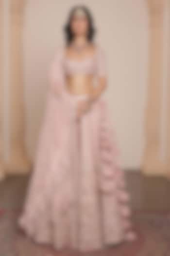 Dusty Pink Net Mirror & Thread Embroidered Bridal Lehenga Set by Arpita Mehta at Pernia's Pop Up Shop
