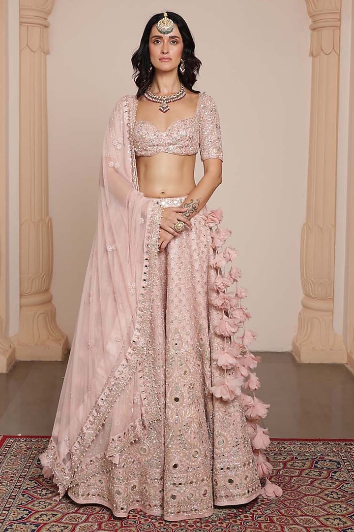 Dusty Pink Net Mirror & Thread Embroidered Bridal Lehenga Set by Arpita Mehta at Pernia's Pop Up Shop