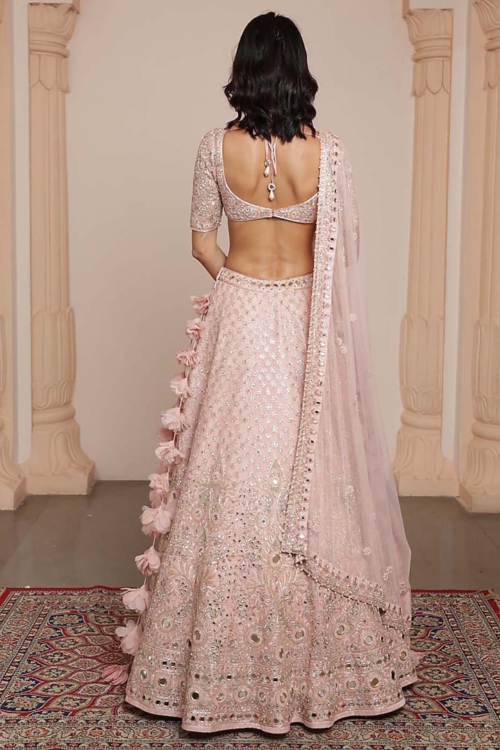 Dusty Pink Net Mirror & Thread Embroidered Bridal Lehenga Set by Arpita Mehta at Pernia's Pop Up Shop