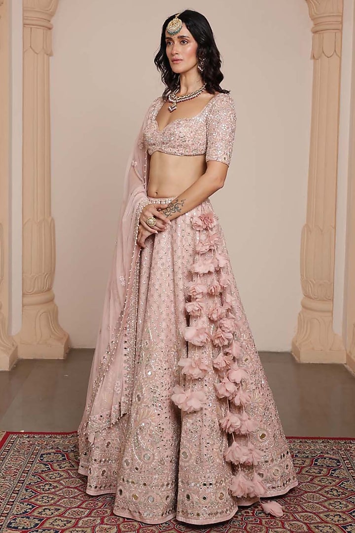 Dusty Pink Net Mirror & Thread Embroidered Bridal Lehenga Set by Arpita Mehta at Pernia's Pop Up Shop
