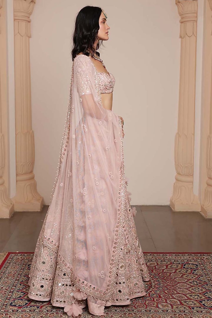 Dusty Pink Net Mirror & Thread Embroidered Bridal Lehenga Set by Arpita Mehta at Pernia's Pop Up Shop