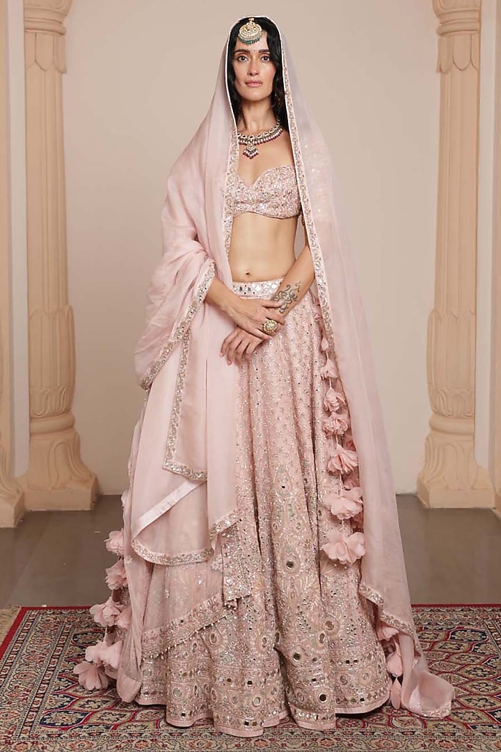 Dusty Pink Net Mirror & Thread Embroidered Bridal Lehenga Set by Arpita Mehta at Pernia's Pop Up Shop