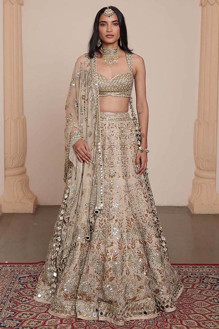Gold Organza Floral Embroidered Bridal Lehenga Set by Arpita Mehta at Pernia's Pop Up Shop