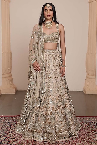 Gold Organza Floral Embroidered Lehenga Set by Arpita Mehta