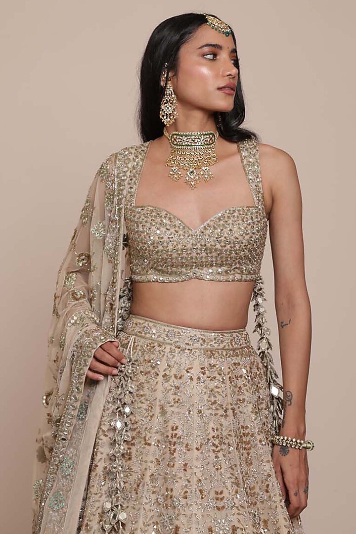 Gold Organza Floral Embroidered Bridal Lehenga Set by Arpita Mehta at Pernia's Pop Up Shop