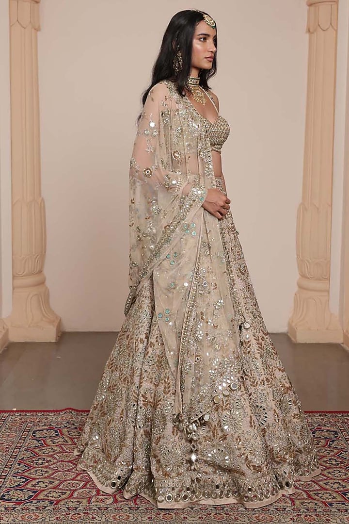 Gold Organza Floral Embroidered Bridal Lehenga Set by Arpita Mehta at Pernia's Pop Up Shop