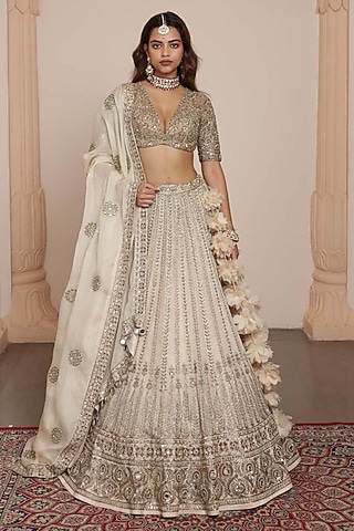 Coconut-Colored & Gold Organza Embroidered Lehenga Set by Arpita Mehta