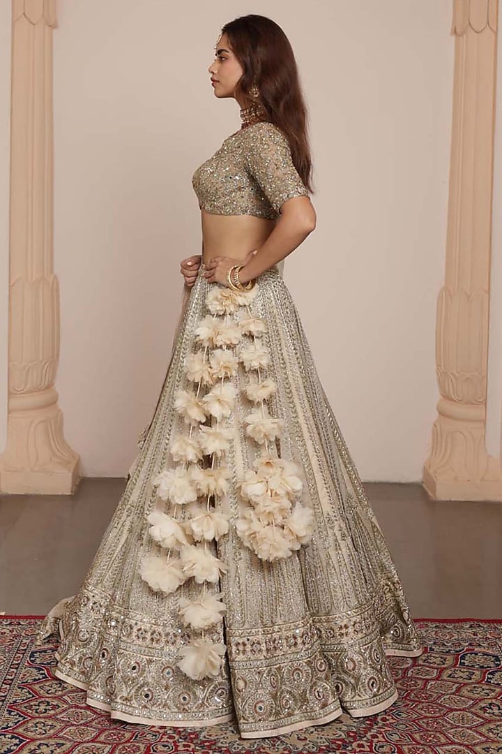 Coconut-Colored & Gold Organza Embroidered Bridal Lehenga Set by Arpita Mehta at Pernia's Pop Up Shop