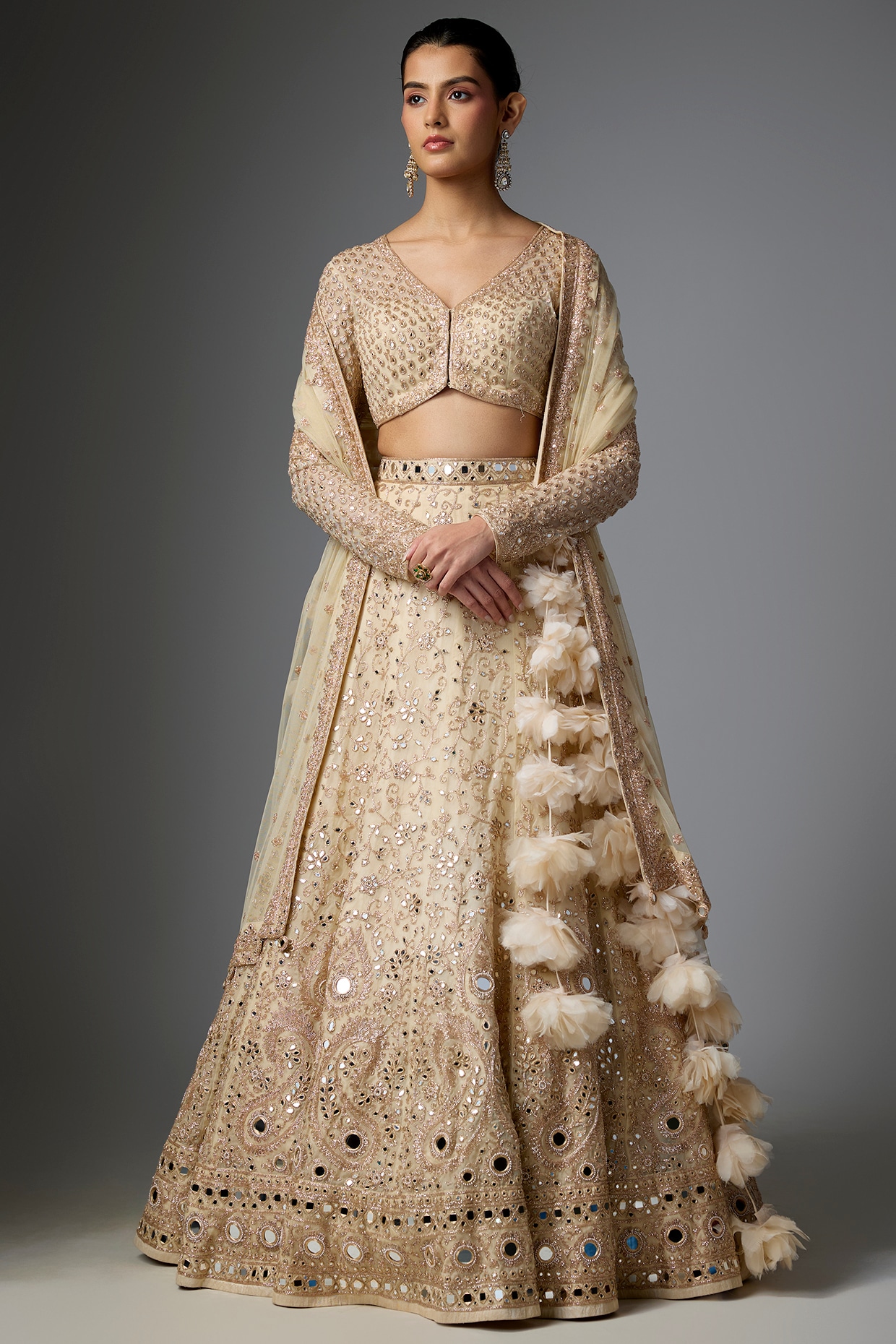 Arpita Mehta Coconut & Rose Gold Hand Embroidered Lehenga Set