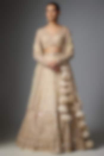 Coconut & Rose Gold Hand Embroidered Bridal Lehenga Set by Arpita Mehta at Pernia's Pop Up Shop