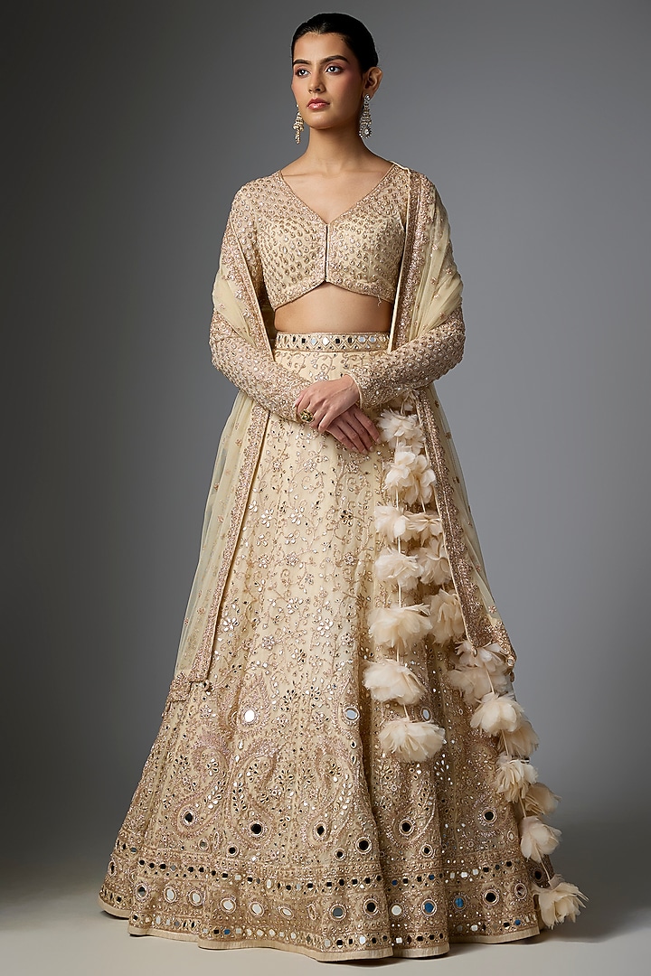 Coconut & Rose Gold Hand Embroidered Bridal Lehenga Set by Arpita Mehta at Pernia's Pop Up Shop