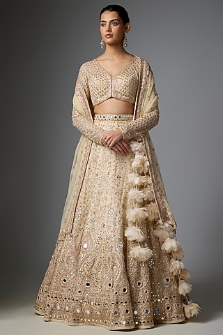 Coconut & Rose Gold Hand Embroidered Lehenga Set by Arpita Mehta
