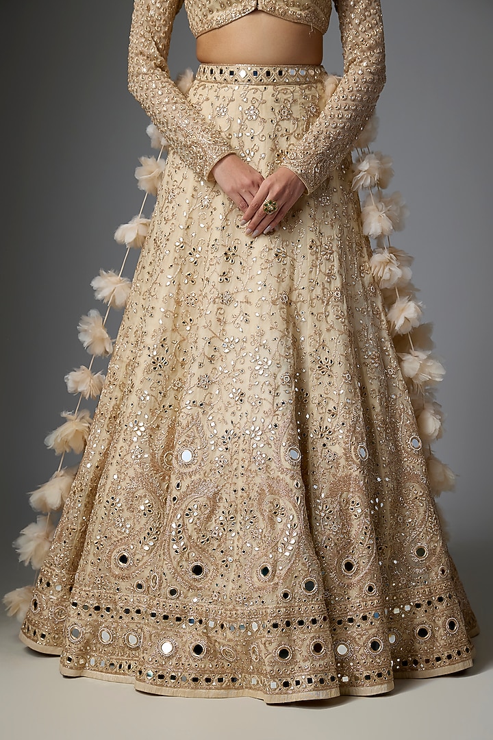 Coconut & Rose Gold Hand Embroidered Bridal Lehenga Set by Arpita Mehta at Pernia's Pop Up Shop