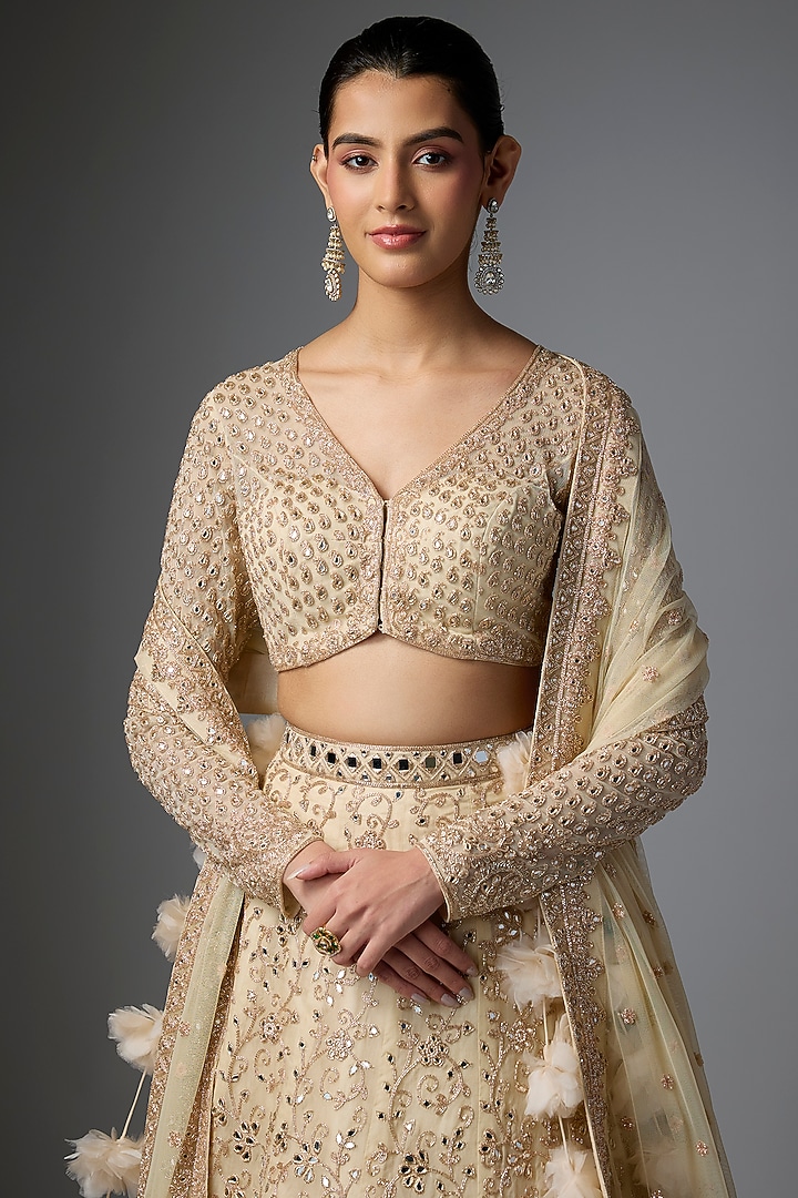 Coconut & Rose Gold Hand Embroidered Bridal Lehenga Set by Arpita Mehta at Pernia's Pop Up Shop