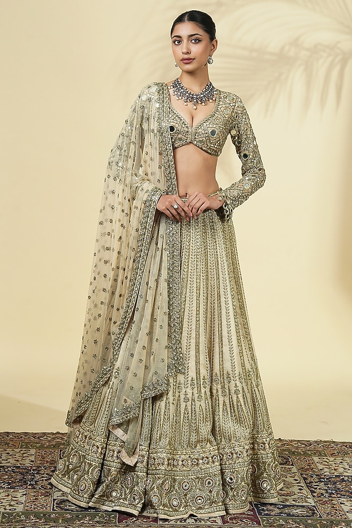 Coconut Raw Silk Hand Embroidered Bridal Lehenga Set by Arpita Mehta at Pernia's Pop Up Shop