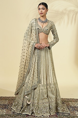 Coconut Raw Silk Hand Embroidered Lehenga Set by Arpita Mehta