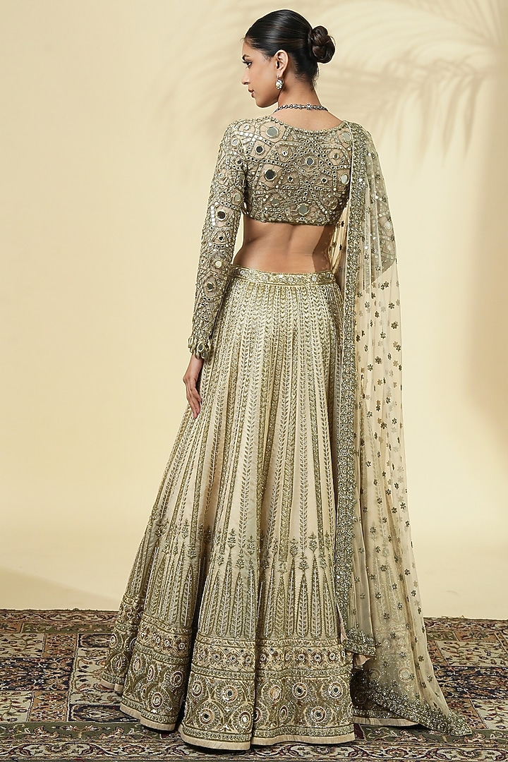 Coconut Raw Silk Hand Embroidered Bridal Lehenga Set by Arpita Mehta at Pernia's Pop Up Shop