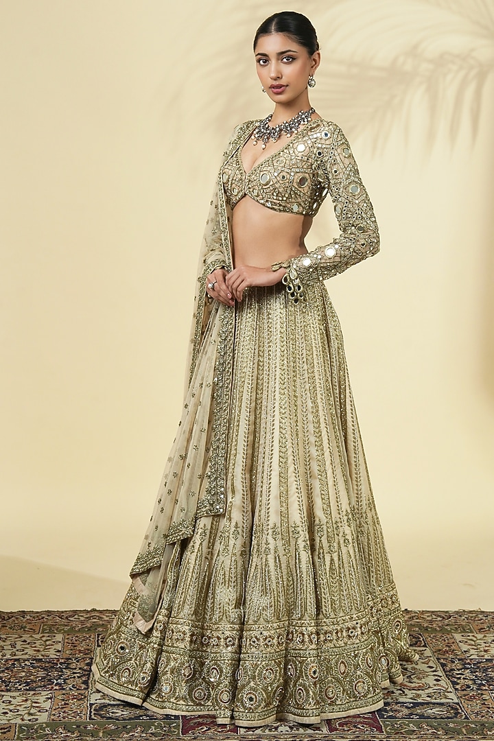Coconut Raw Silk Hand Embroidered Bridal Lehenga Set by Arpita Mehta at Pernia's Pop Up Shop