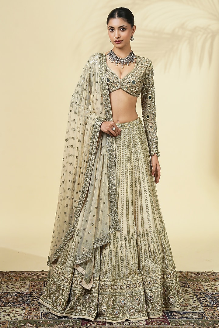 Coconut Raw Silk Hand Embroidered Bridal Lehenga Set by Arpita Mehta at Pernia's Pop Up Shop